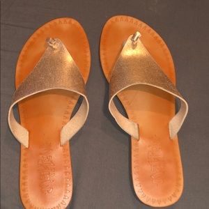 champagne and tan flip flops